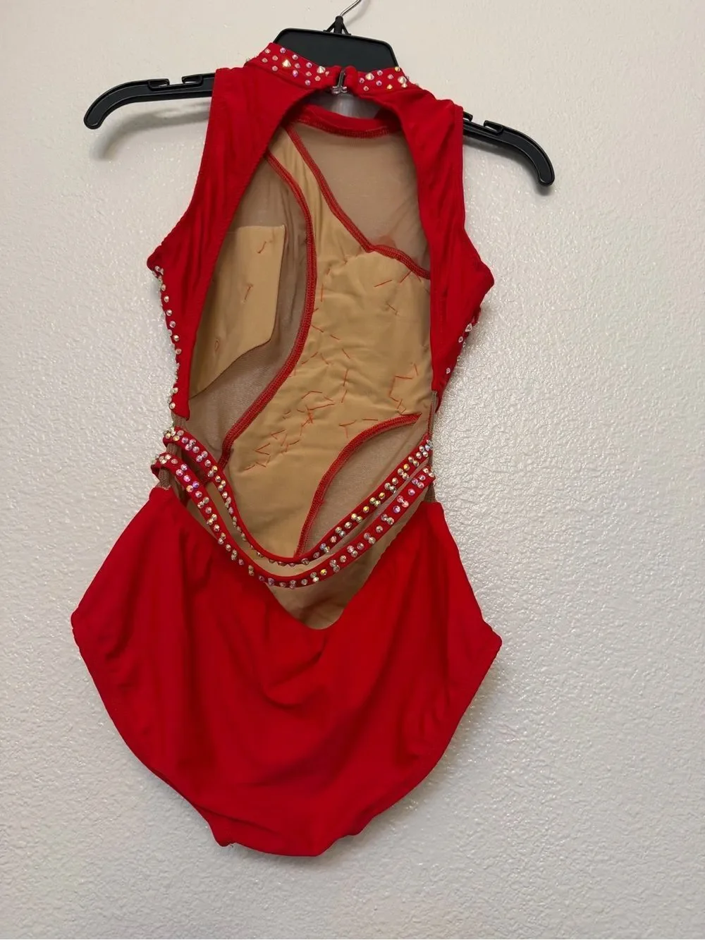 AA solo dance costume red strappy rhinestoned bling leotard XS adult
